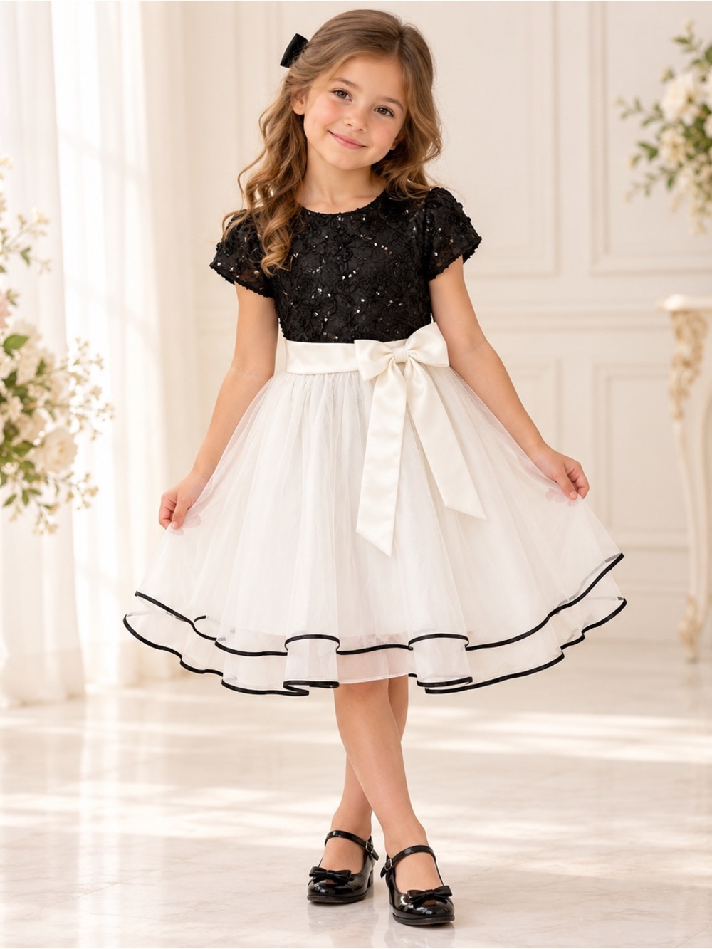 Rare Editions Girls 6X Black Ivory Sequin Tulle Dress + White Bow NWT